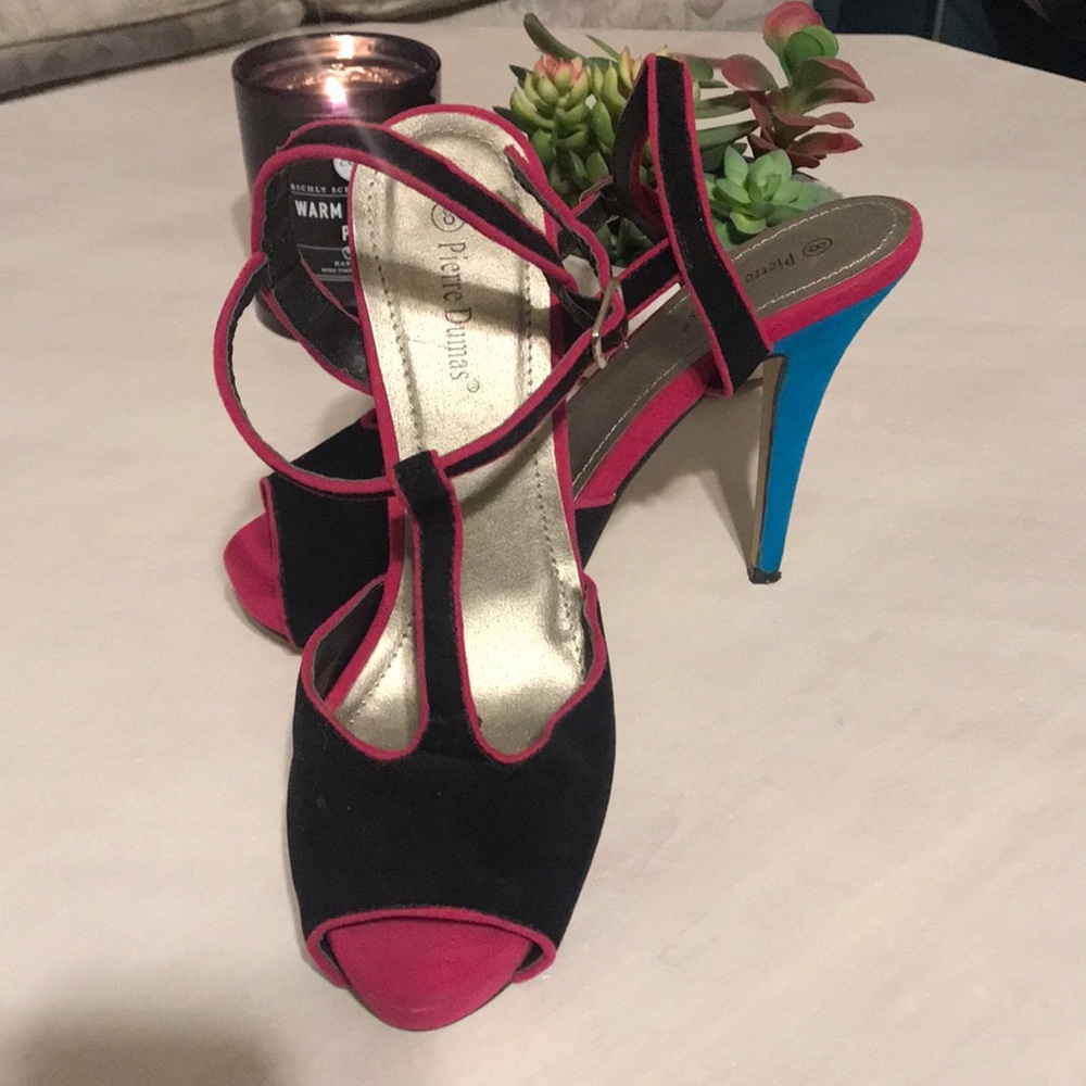 Black, pink, and blue Pierre Dumas heels